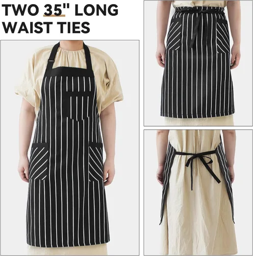 Miniatura 5 de NLUS Paquete de 2 delantales de cocina para mujeres con bolsillos, delantales de babero de cocina ajustables para mujeres, hombres, chef, rayas