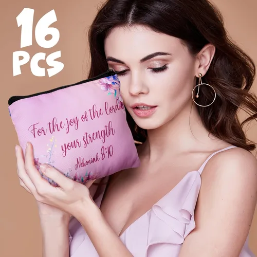 Miniatura 2 de Pinkunn - 16 bolsas de maquillaje de lona, regalos a granel para mujeres, bolsa de cosméticos inspiradores cristianos religiosos con cremallera