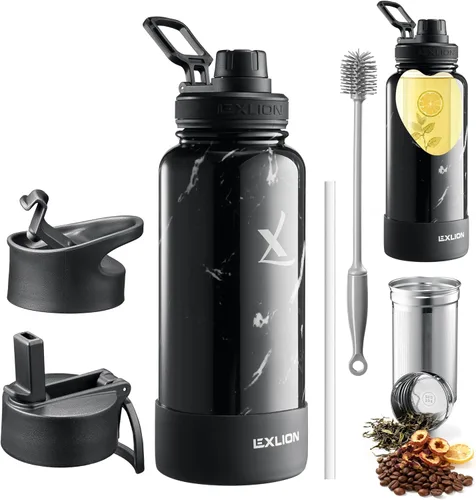 Miniatura 20 de Lexlion Botella de Agua con Infusor de Té 32 Oz – Termo de Acero Inoxidable con Triple Pared Aislada, Colador para Hojas Sueltas y Frutas, 3 Tapas a