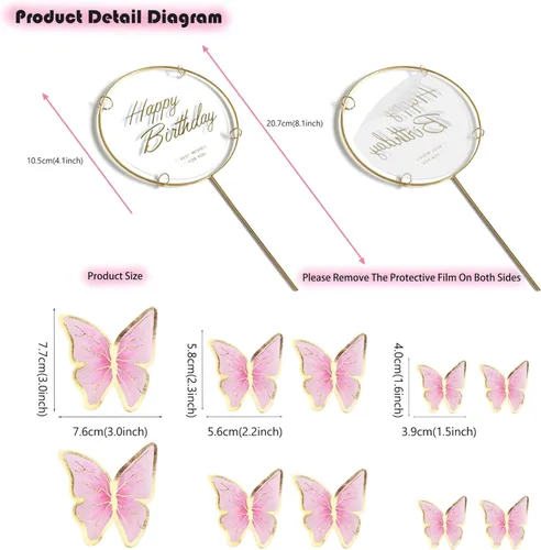 Miniatura 3 de Juego de 11 unidades de decoraciones de mariposa para pastel rosa dorado - Decoración de pastel de feliz cumpleaños de metal dorado (LL-652)