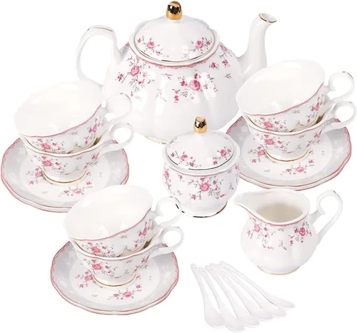 Miniatura 10 de fanquare Juego de té de porcelana con flores azules, juego de taza de té y platillo para 6, juego de té de boda con jarra de crema, juego de café