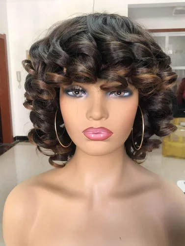 Miniatura 9 de Pelucas cortas y rizadas para mujeres negras, peluca rizada afro con flequillo, rizos sueltos, lindos rizos, pelo sintético para mujeres Negro