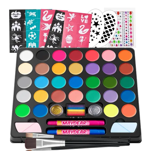 Maydear Kit de Pintura Facial para Niños, Paleta de Maquillaje a Base de Agua de 32 Colores con Plantillas, Brillos, Pastel de Arcoíris Dividido,