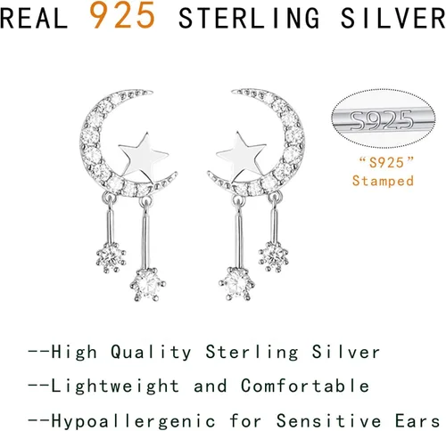 Miniatura 7 de Reffeer 925 Sterling Silver Crescent Moon Star Earrings Studs for Women Teen Girls CZ Moon Studs Earrings Star Tassel Earrings