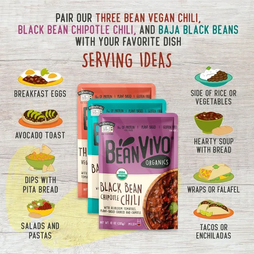 Miniatura 4 de BeanVIVO - Variedad de 3 paquetes (10 onzas cada uno) - Frijoles negros orgánicos Baja, Chile vegano de tres frijoles, chile chipotle de frijoles