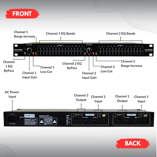 Miniatura 8 de MUSYSIC Ecualizador gráfico para audio doméstico Ecualizador estéreo de 15 bandas Montaje en rack EQ Ecualizador digital para el hogar, analizador