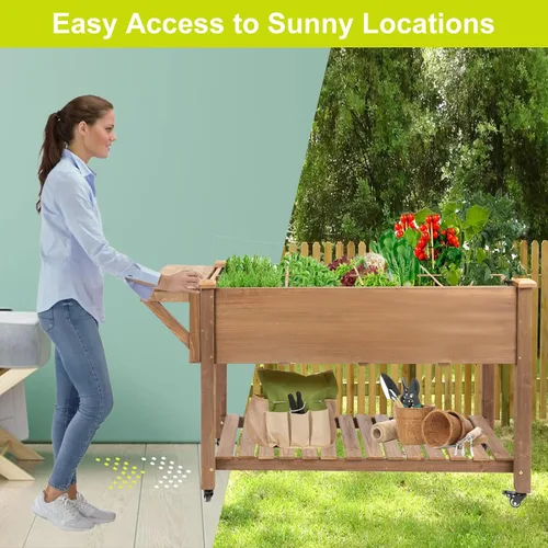 Miniatura 7 de Gowoodhut Cama de jardín elevada, maceta de jardín de hierbas al aire libre con ruedas bloqueables, estante de almacenamiento, forro protector