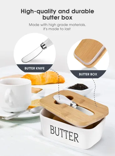 Miniatura 4 de Mantequillera con tapa: plato grande para mantequilla para encimera, recipiente de cerámica para mantequilla con cuchillo y alta calidad - Caja