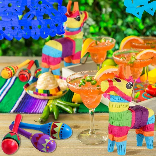 Miniatura 6 de Hungdao 36 piezas de decoración de fiesta mexicana incluyen 12 maracas de madera a granel, 6 mini piñatas de burro mexicanas para decoraciones