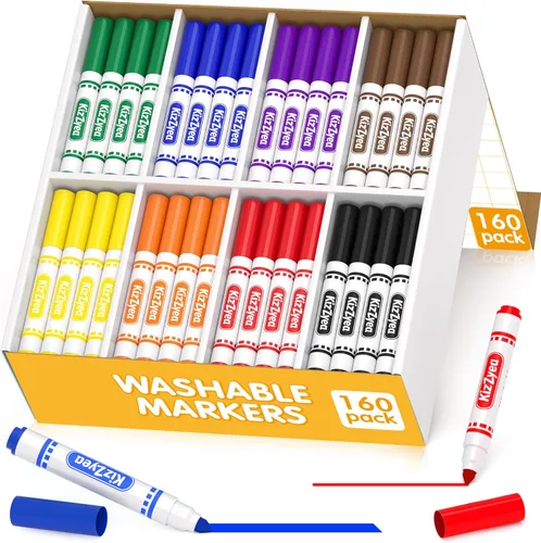 KIZZYEA Marcadores lavables a granel, marcadores para niños, 8 colores surtidos, 160 unidades, marcador de línea ancha para la escuela, suministros