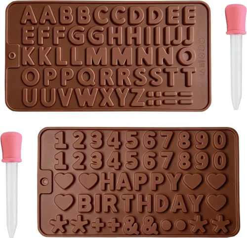 Miniatura 8 de 2 moldes de chocolate con números y moldes de silicona de letras, con 2 cuentagotas, decoraciones de letras para tartas, moldes de silicona