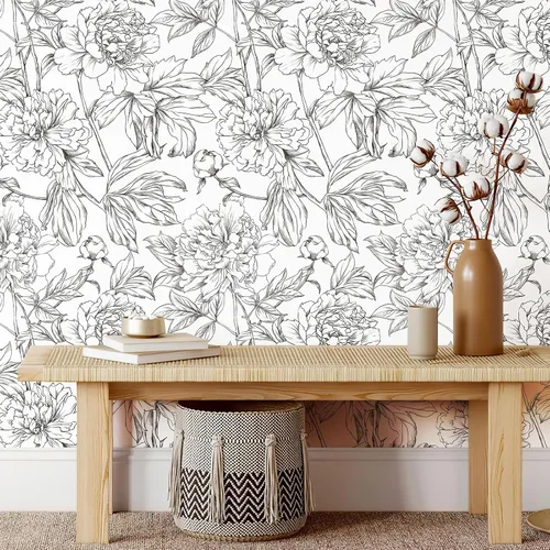 Miniatura 9 de Simon&Siff Papel Tapiz Lineal Floral, Papel Tapiz Blanco y Negro Despegar y Pegar Flores Boceto Papel de Pared Floral Removible para Dormitorio Baño