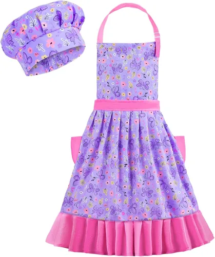 MHJY Conjunto de Delantal y Gorro para Niñas Delantales de Falda Plisada Vintage con Correa Ajustable y Bolsillos para Hornear y Cocinar 8-12 Años