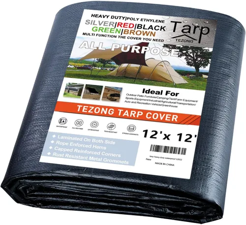 Miniatura 87 de Lonas resistentes impermeables de 4 x 5 pies, paquete de 2 lonas TEZONG negras de 0.472 in. de lona de plástico para exteriores para lluvia