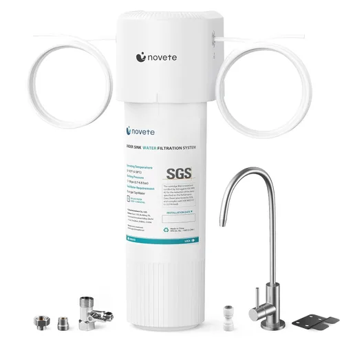 NOVETE Filtro de agua para debajo del fregadero, 3 años, 30000 galones, reduce el 99.5% de cloro, PFAS, mal sabor, NSF/ANSI 42/372, sistema de Blanco