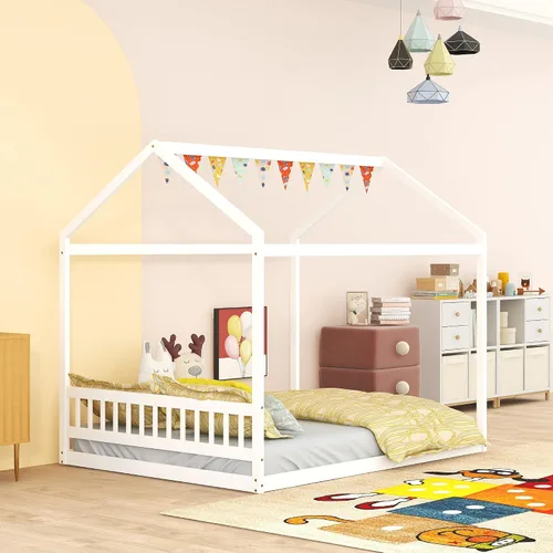 Miniatura 4 de Harper & Bright Designs Marco de cama de casa tamaño Queen, marco de cama Montessori de madera con cabecero, cama de piso para niños para niñas