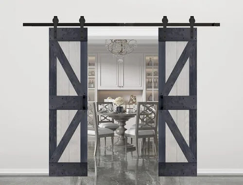 Miniatura 19 de Serie K de 60 x 84 pulgadas (30 x 84 pulgadas x 2 paneles) Puerta corredera clásica de madera maciza con acabado de nogal con riel de herrajes