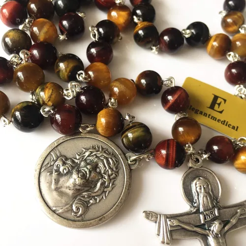Miniatura 2 de elegantmedical Ojo de tigre hecho a mano 5 cuentas de rosario de cuentas de cruz de Italia Crucifijo collar caja para hombres y mujeres regalos