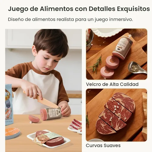 Miniatura 3 de Tiny Land Juego de comida orgánica para juegos de simulación - Juego de juguetes de mariscos y carne de madera de 6 piezas para niños, simulación