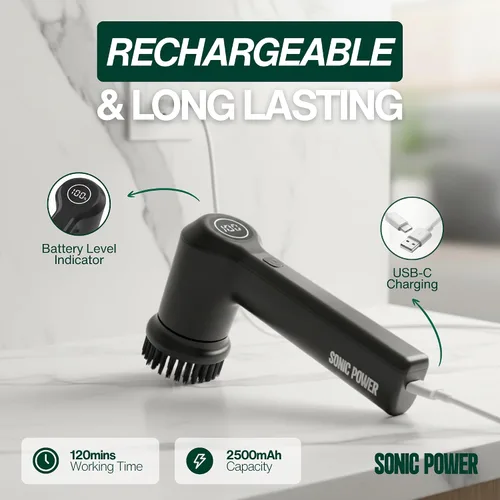 Miniatura 6 de SonicPower Limpiador eléctrico giratorio – De mano y ergonómico, IPX7 impermeable, 4 cabezales de cepillo multiusos, batería recargable de larga