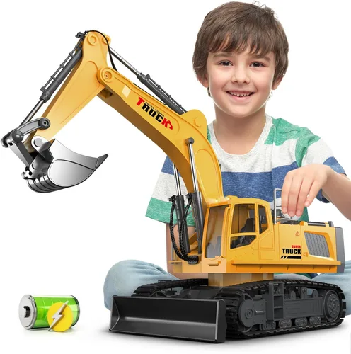 KIDMARKT Juguete grande de excavadora de control remoto de 21 pulgadas con cubo de metal y hoja topadora, juguetes de excavadora RC de 15 canales