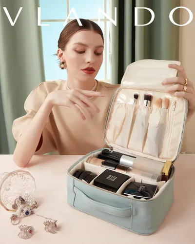 Miniatura 9 de Bolsa de Maquillaje Vlando, Bolsas de Maquillaje de Viaje, Bolsa Grande Portátil de Maquillaje Organizadora con Divisores y Asa, Regalos para A.Azul