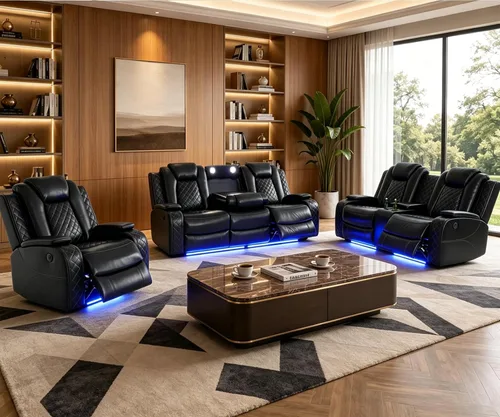 Juego de sofá reclinable de cuero eléctrico con LED, juego de sala de estar de cuero, juego de sofá reclinable con puerto USB/soporte para