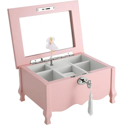 Joyero musical de bailarina de pies grandes con espejo y cerradura para niñas, caja de almacenamiento de joyas rosa para niños, organizador de joyas