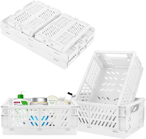 Cestas de almacenamiento de plástico para organizar escritorio, organizador de cajones de oficina, 2 cestas plegables duraderas medianas+2 pequeñas