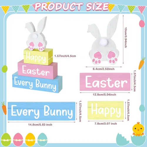 Miniatura 2 de 4 piezas de decoración de mesa de Pascua con texto en inglés «Happy Easter Every Bunny», letrero de madera de conejito pastel, bloques de madera