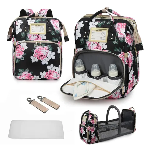 Miniatura 8 de GurZinn Mochila para pañales con cambiador portátil, mochila multifunción 3 en 1, mochila de viaje para mamá, cochecito rosa