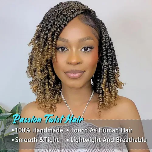 Miniatura 2 de Pelo de Passion Twist – 8 pulgadas Passion Twist Crochet Hair para mujer, 8 paquetes de cabello rizado pretrenzado Passion Twists extensiones de T27.