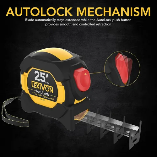 Miniatura 5 de LEXIVON Cinta métrica AutoLock de 25 pies/7.5m Hoja de 1 pulgada de ancho con revestimiento de nailon, acabado mate, impresión de regla de doble