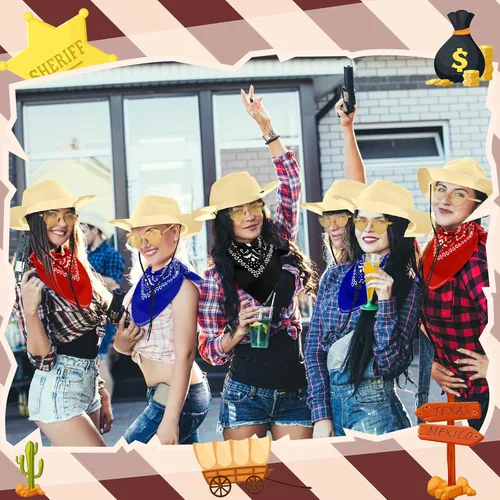 Miniatura 5 de Newcotte Juego de 18 Piezas de Sombreros de Plástico de Vaquero Occidental Incluye 6 Sombreros 6 Bandanas Paisley 6 Pares de Gafas