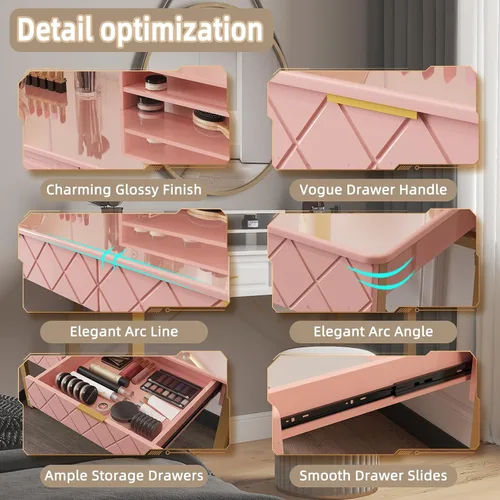 Miniatura 7 de WESTREE Mesa de Tocador con 2 Cajones y Estante de Almacenamiento, Mesa de Maquillaje Moderna con Escritorio Brillante, Escritorio de Marco Dorado