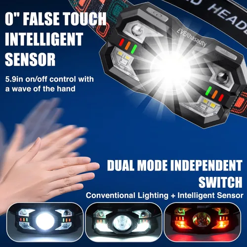 Miniatura 4 de Linterna frontal recargable, 1200 lúmenes súper brillante LED con sensor de movimiento, 10 modos, impermeable, ligera, linterna con luz roja