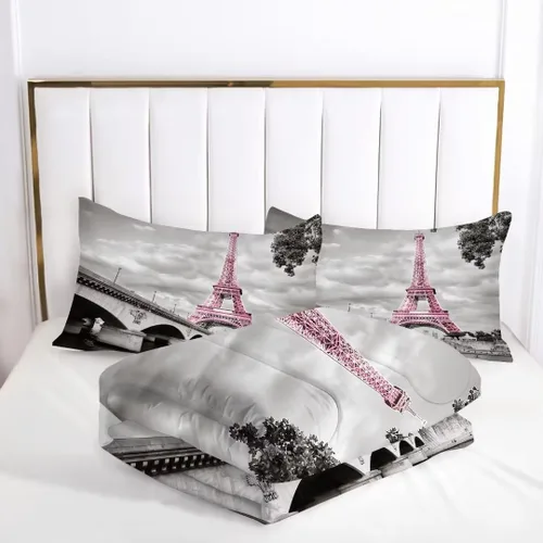 Miniatura 6 de kxry Juego de edredón de París, tamaño Queen, color rosa, Torre Eiffel Sena, ropa de cama estilo francés, edredón de paisaje urbano de París