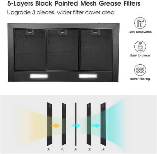 Miniatura 5 de SNDOAS Campana Extractora Negra de 36 Pulgadas, Campana Extractora de Acero Inoxidable de Montaje en Pared Negra, Campana Extractora de Cocina