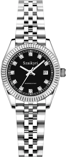Miniatura 16 de Szaikyri Reloj clásico para mujer con banda de acero inoxidable sólido, reloj de vestir para mujer, reloj con calendario