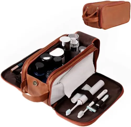 Miniatura 8 de ZITEZHGO Bolsa de viaje de maquillaje, bolsas de cosméticos impermeables para mujeres, bolsa de aseo de piel sintética de gran capacidad