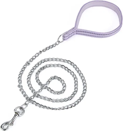 Miniatura 11 de Correa de cadena de metal chapado en cromo con mango acolchado suave para perros pequeños (S, mango negro)