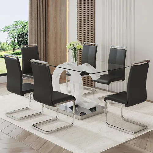 Miniatura 21 de Juego de mesa de comedor Ebullient para 6, juego de mesa de comedor de 7 piezas, tapa de mesa de cristal templado, mesa moderna de comedor con 6