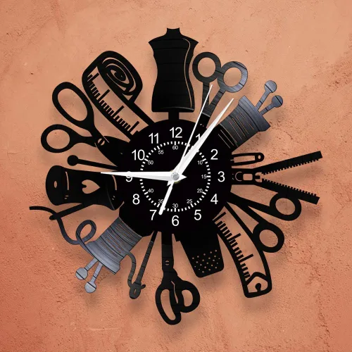 Miniatura 6 de Reloj de pared de costura, máquina de coser de 12 pulgadas, diseño de disco de vinilo, reloj de pared silencioso de cuarzo sin tictac, vintage, Sin