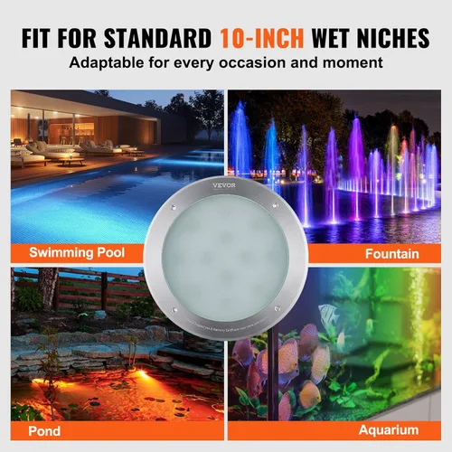 Miniatura 6 de VEVOR Luz LED para piscina, 120 V CA 40 W, 10 pulgadas RGBW que cambia de color bajo el agua, incluye cable de 100 pies y control remoto