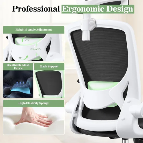 Miniatura 6 de BESTFAIR Silla de oficina ergonómica, sillas de oficina de malla transpirable con soporte lumbar ajustable, brazos abatibles, silla de escritorio
