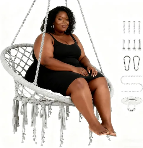 Silla Hamaca Colgante de Macramé con Cojín y Kit de Herrajes, Silla Colgante Bohemia Tejida a Mano para Habitación, Patio, Porche, Balcón, Jardín,
