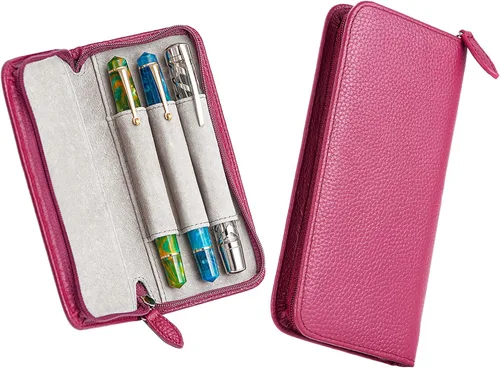 Miniatura 7 de Lanxivi Funda de piel auténtica para pluma estilográfica con 3 ranuras divididas, color negro, estuche con cremallera para bolígrafo, soporte