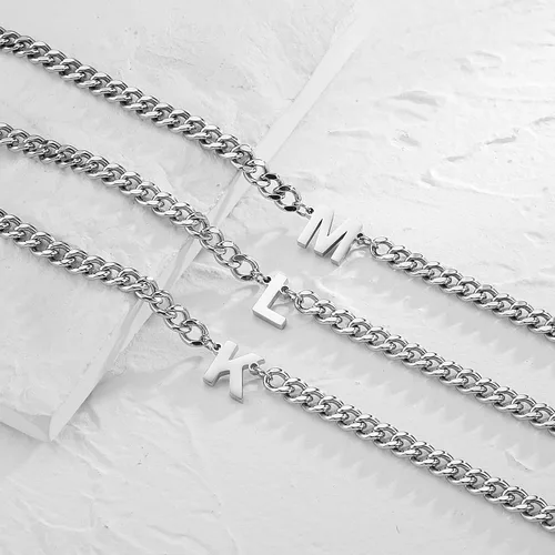 Miniatura 6 de DuoDiner Collar de cadena de eslabones cubanos con inicial A-Z para niños, hombres y mujeres, colgante de letra, acero inoxidable, 0.256in, 18+2