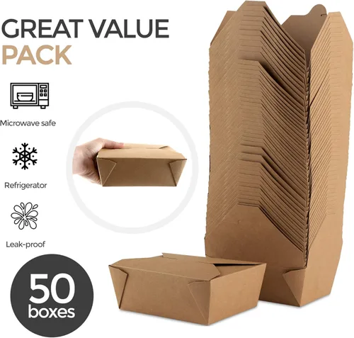 Miniatura 2 de Recipientes de comida para llevar al microondas, cajas de comida kraft marrón de 45 onzas (paquete de 50) recipientes de alimentos resistentes a