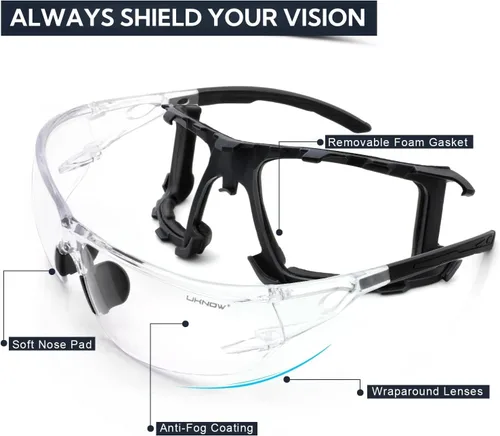Miniatura 6 de UKNOW Gafas de seguridad – Lentes envolventes antivaho – Junta de espuma extraíble – Anteojos protectores ANSI Z87.1 – Resistente a los impactos